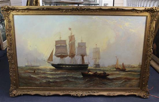 William Calcott Knell (fl.1848-1879) Shipping at anchor off the coast 29 x 50in.